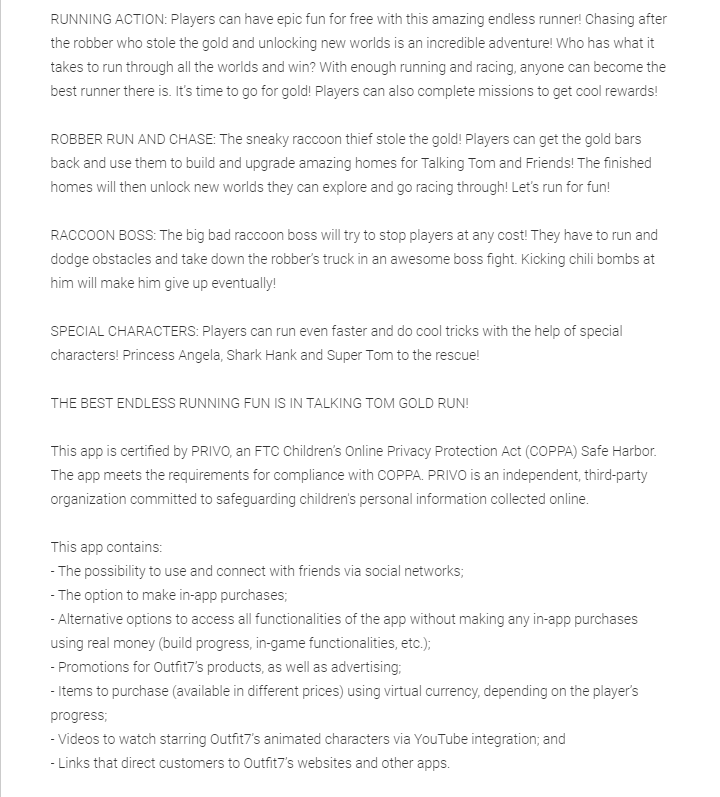 mobile game talking tom app store description example