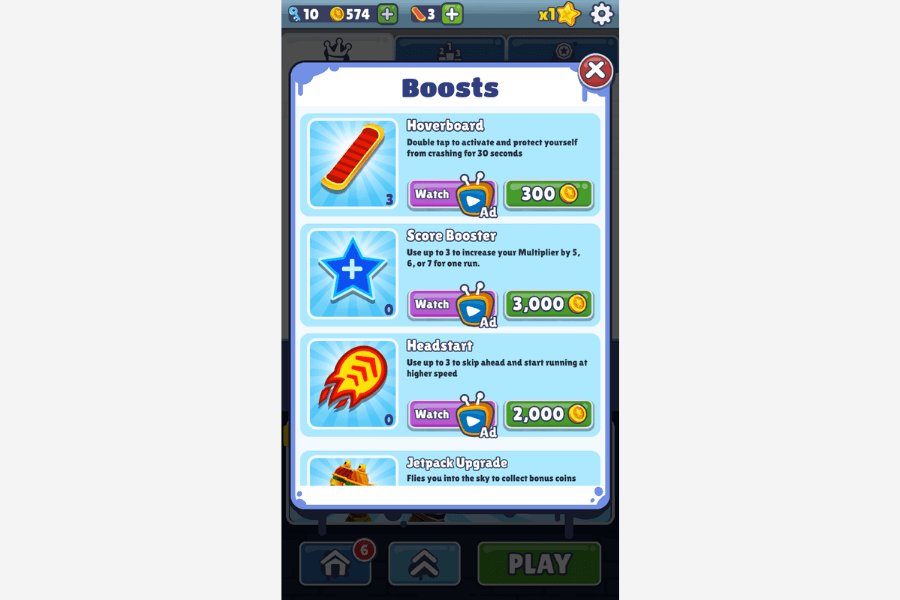 rewarded video ad placements in subway surfers boosters